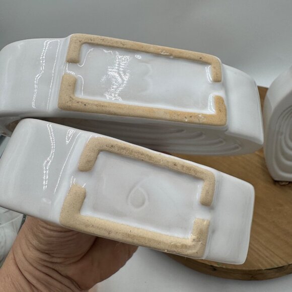 3 Vintage MCM Art Deco Oval Repeating Ring Bud Vases Marked Bottom White *READ* - Picture 12 of 16